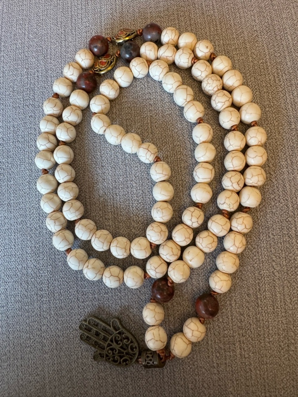 White Howlite Beaded Necklace with Hamsa Charm Mala.